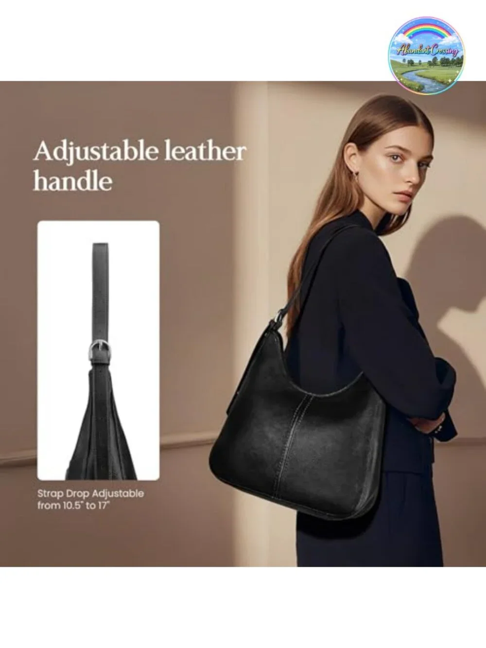 Genuine Leather Hobo Bag Adjustable Shoulder Strap Zipper Closure